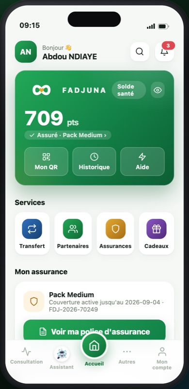 Application FADJUNA — écran d'accueil